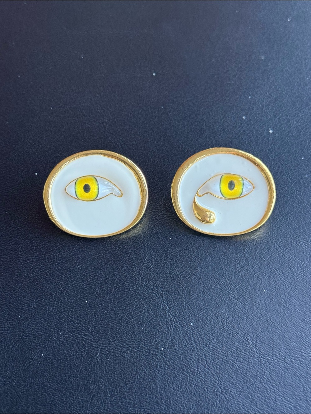 Schiaparelli Inspired Gold-Trim White Enamel Eye Stud Earrings
